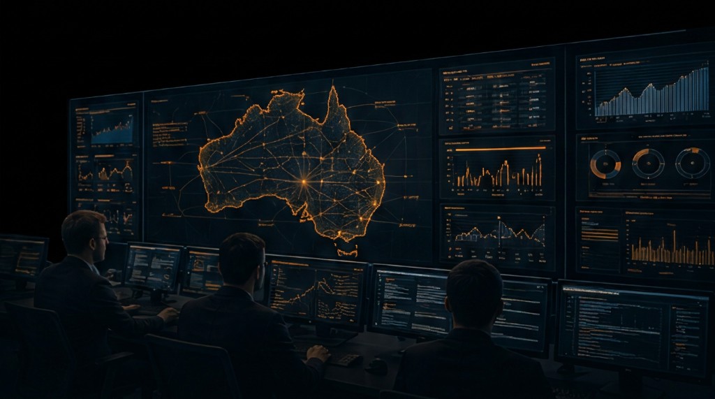 Operations centre team monitoring simulation programme displays and an Australia network map