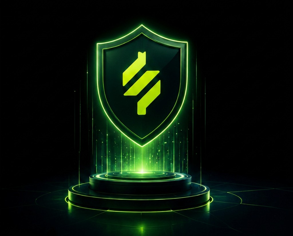 Glowing green security shield on a digital platform